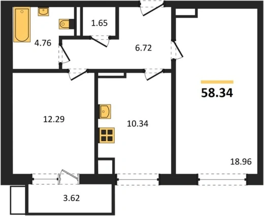 Квартира 2-комн. 58.34 кв. м