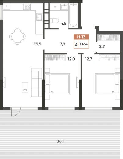 Квартира 2-комн. 102.4 кв.м