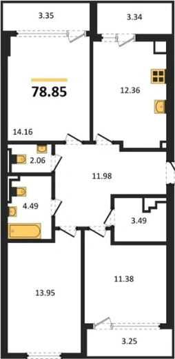 Квартира 3-комн. 78.85 кв. м