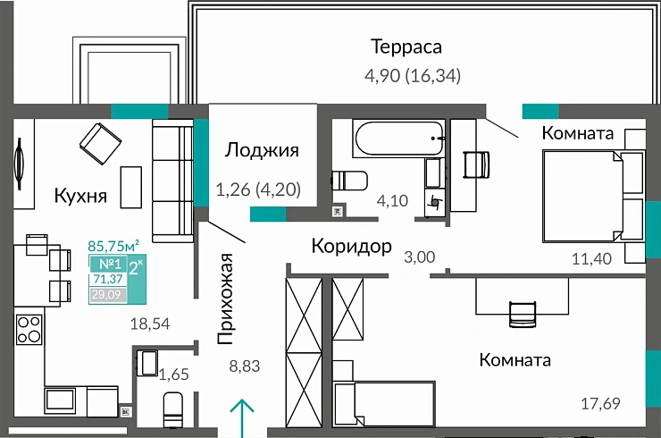 Квартира 2-комн. 71.37 кв.м