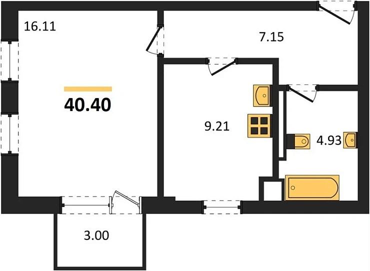 Квартира 1-комн. 40.4 кв. м