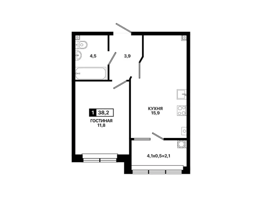 Квартира 1-комн. 38.2 кв. м