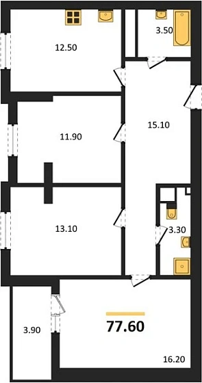 Квартира 3-комн. 77.6 кв. м