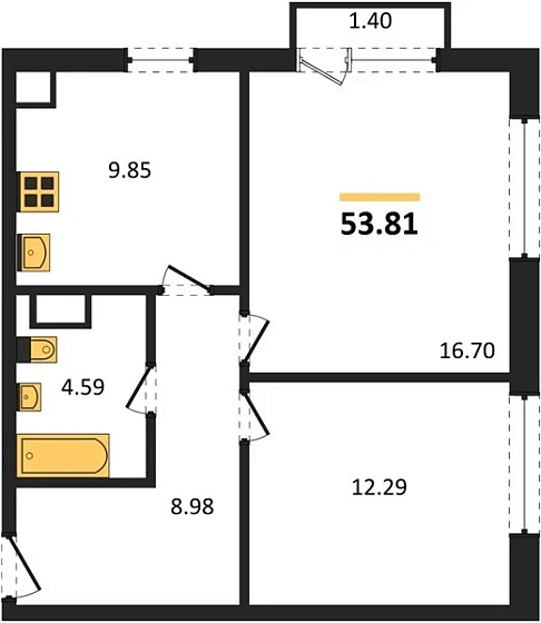 Квартира 2-комн. 53.81 кв. м
