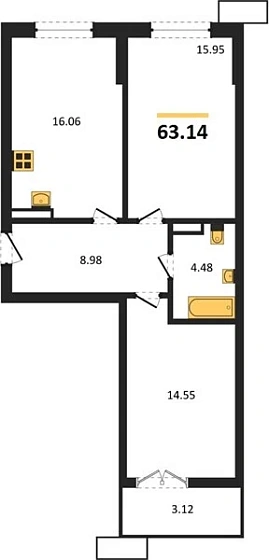 Квартира 2-комн. 63.14 кв. м