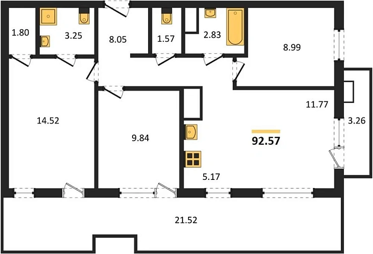 Апартаменты 3-комн. 92.57 кв. м