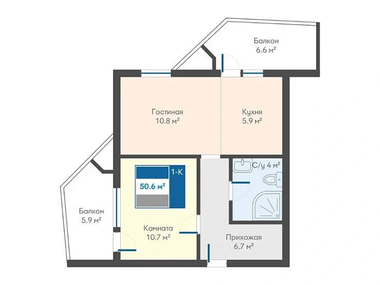 Квартира 1-комн. 50.6 кв. м