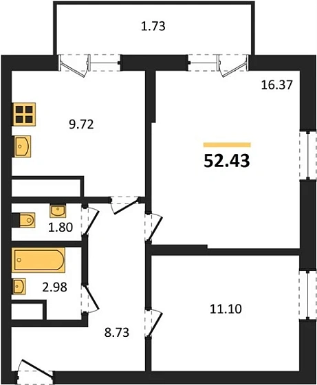 Квартира 2-комн. 52.43 кв. м