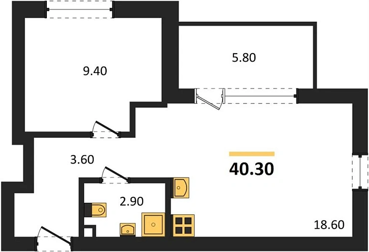 Апартаменты 1-комн. 40.3 кв. м
