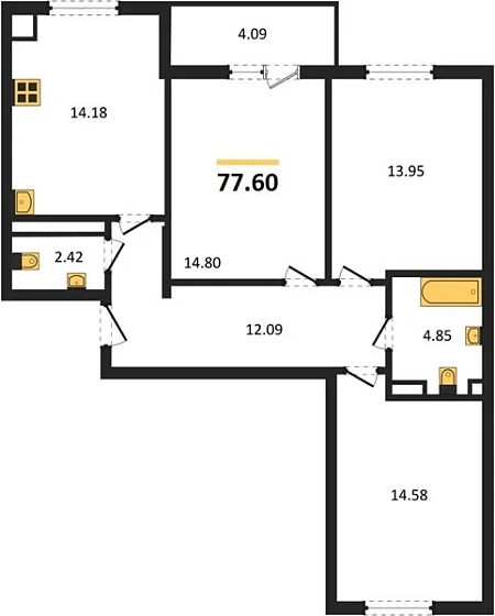 Квартира 3-комн. 77.6 кв. м