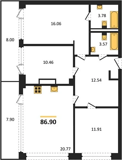 Квартира 3-комн. 86.9 кв. м