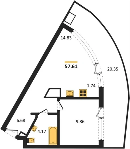 Апартаменты 1-комн. 57.61 кв. м