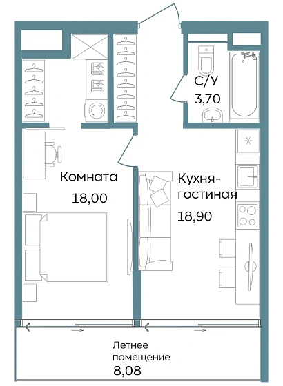 Апартаменты 1-комн. 48.68 кв. м