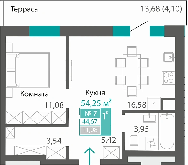 Квартира 1-комн. 44.67 кв.м