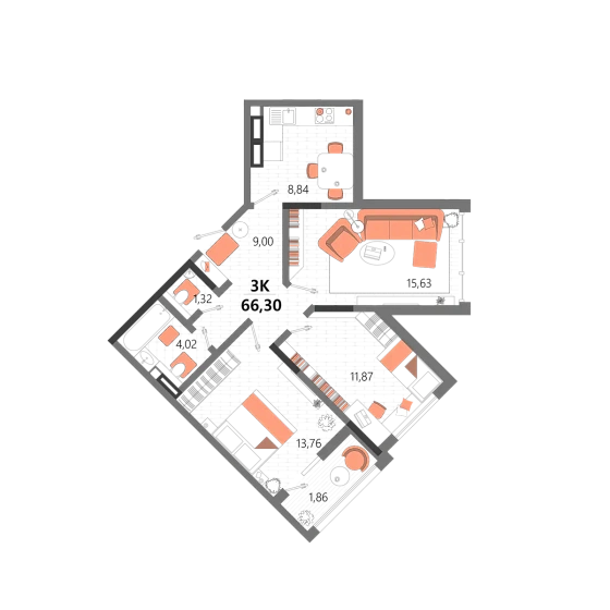 Квартира 3-комн. 66.3 кв. м