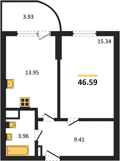Апартаменты 1-комн. 46.59 кв. м
