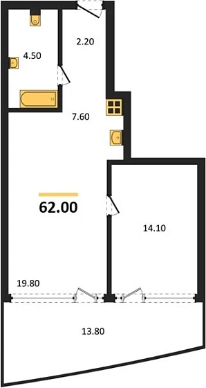 Квартира 1-комн. 62 кв. м