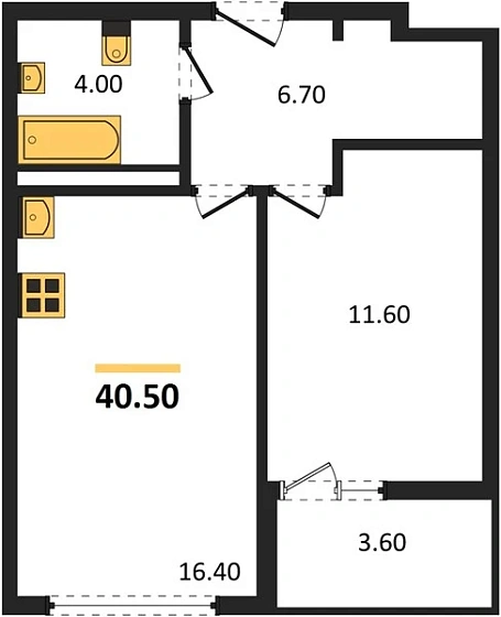 Квартира 1-комн. 40.5 кв. м