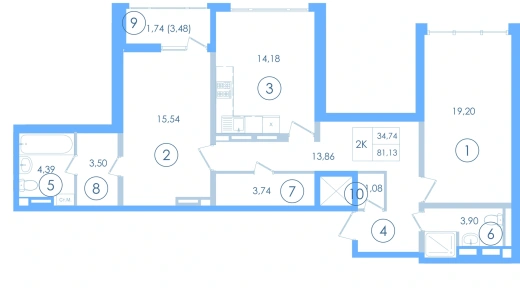 Квартира 2-комн. 80.2 кв. м