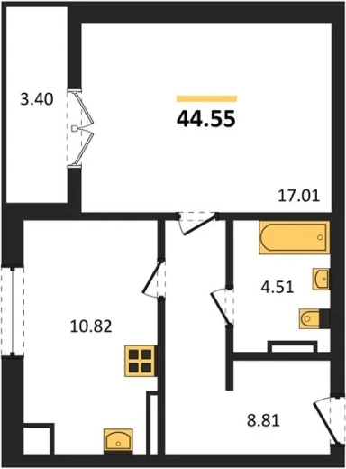 Квартира 1-комн. 44.55 кв. м