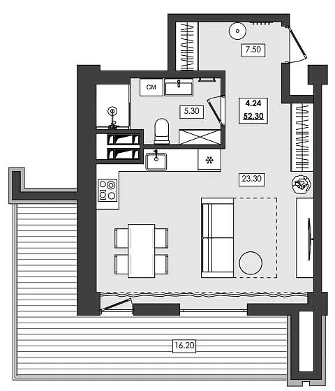 Апартаменты 1-комн. 52.3 кв. м
