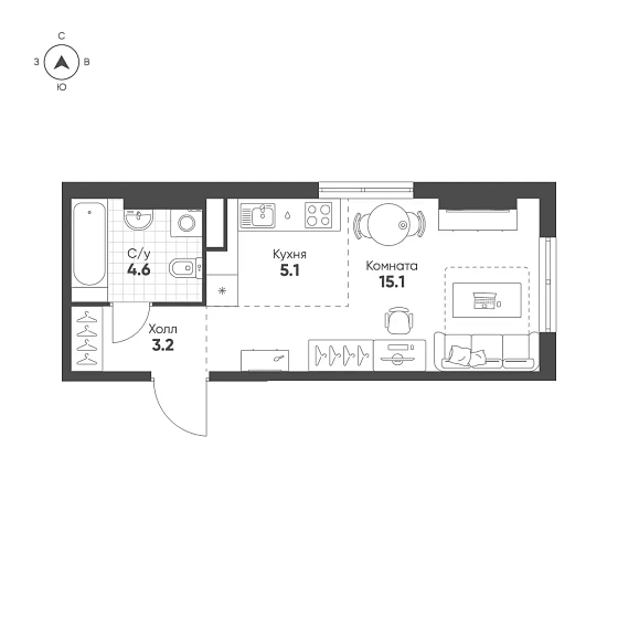 Квартира Студия 28 кв. м