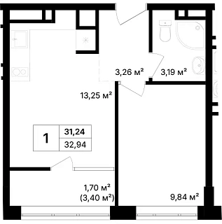 Квартира 1-комн. 32.94 кв. м