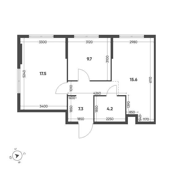 Квартира 2-комн. 54.3 кв. м