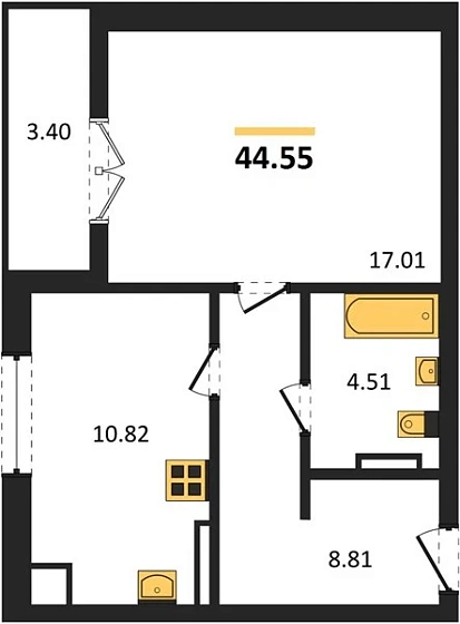 Квартира 1-комн. 44.55 кв. м