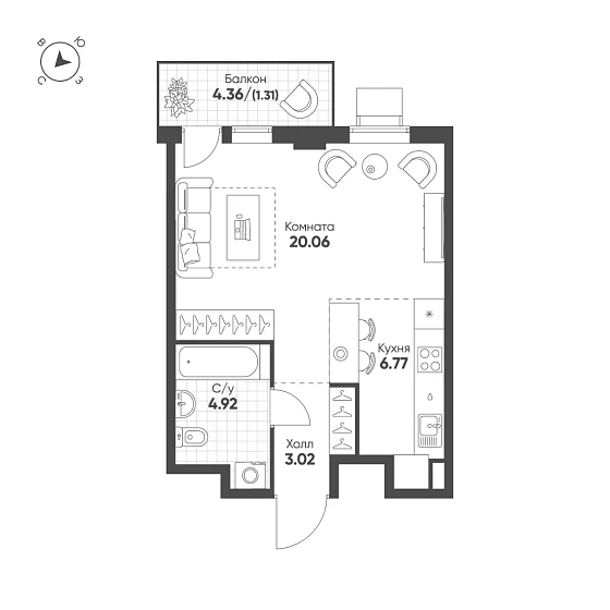 Квартира 1-комн. 36.08 кв. м