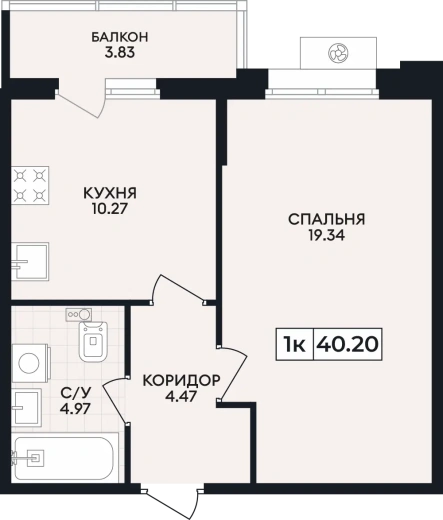Квартира 1-комн. 40.2 кв. м