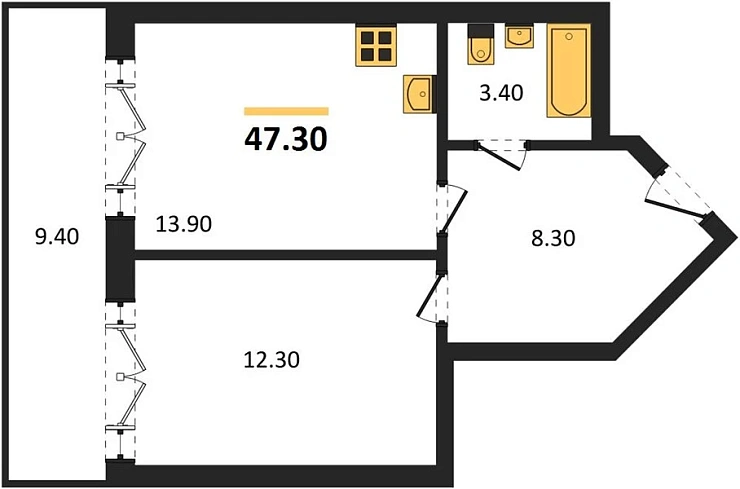 Апартаменты 1-комн. 47.3 кв. м