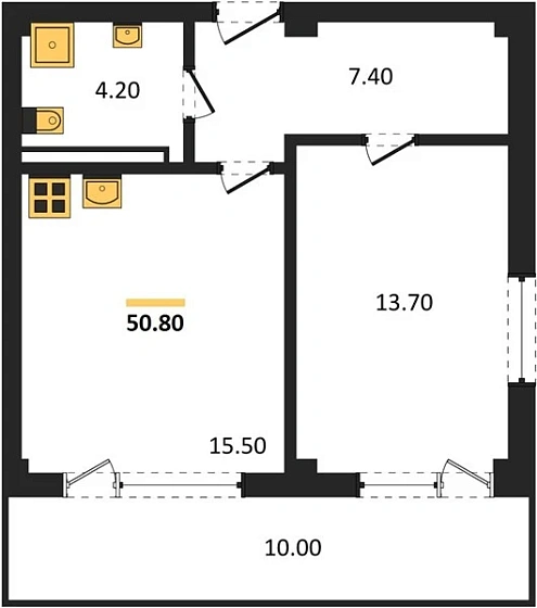 Апартаменты 1-комн. 50.8 кв. м