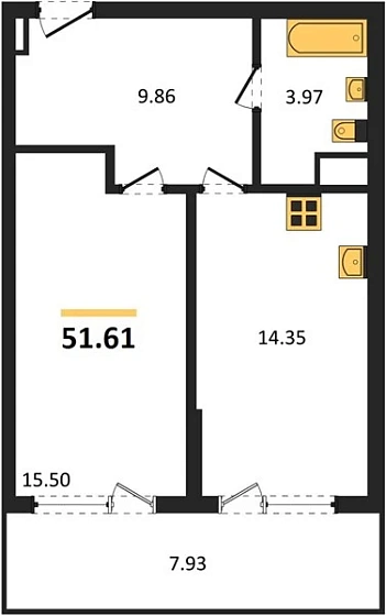 Апартаменты 1-комн. 51.61 кв. м