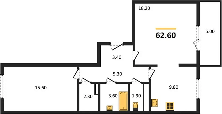 Квартира 2-комн. 62.6 кв. м