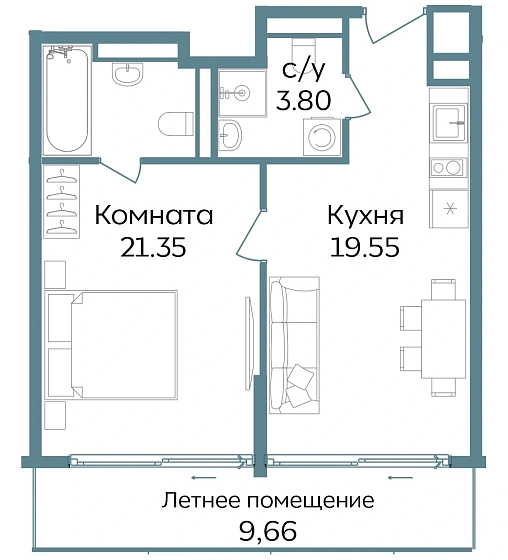 Апартаменты 2-комн. 54.36 кв. м