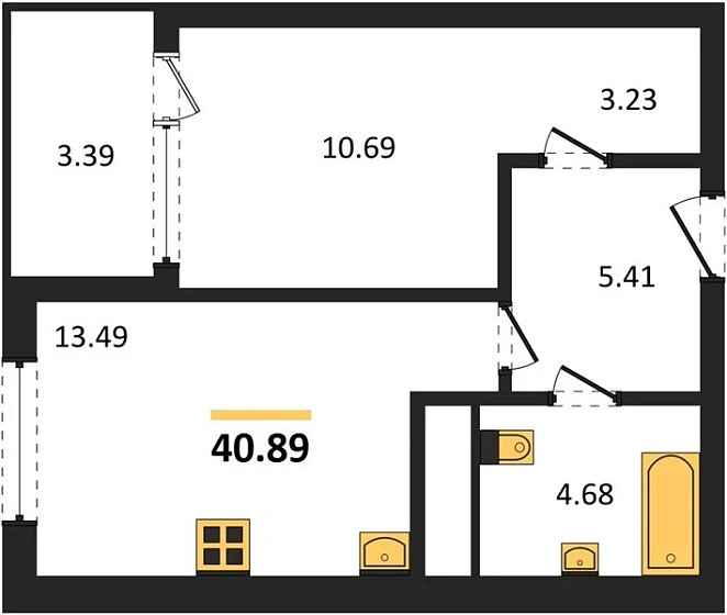 Квартира 1-комн. 40.89 кв. м