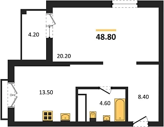 Квартира 1-комн. 48.8 кв. м