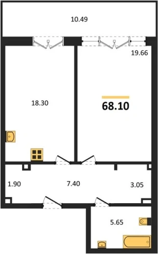 Квартира 1-комн. 68.1 кв. м