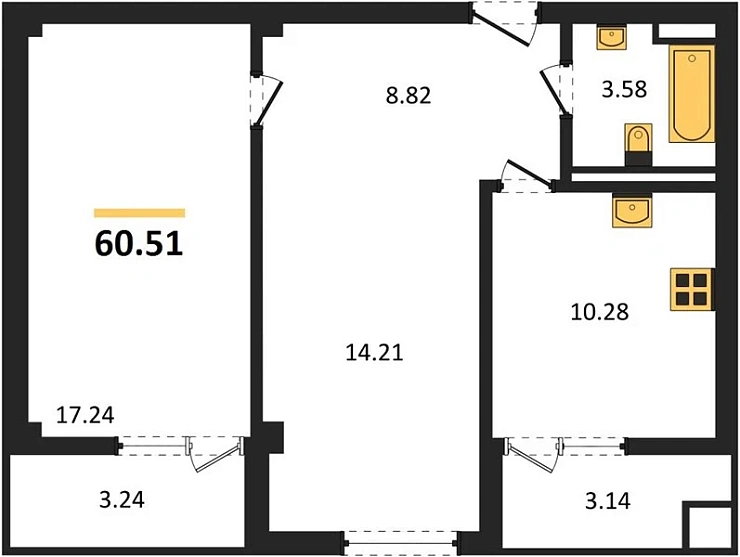 Квартира 2-комн. 60.51 кв. м