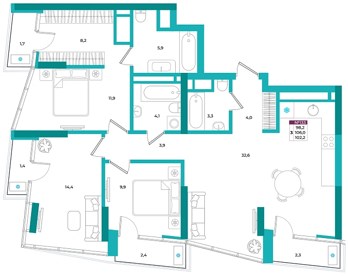 Квартира 3-комн. 102.2 кв.м