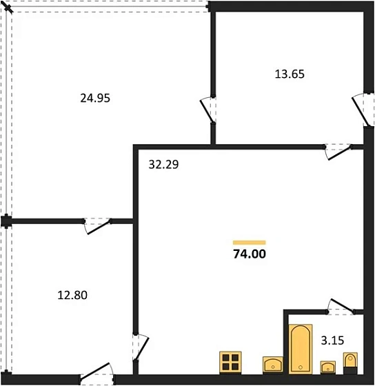 Апартаменты 3-комн. 74 кв. м
