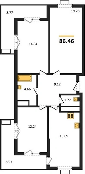 Квартира 3-комн. 86.46 кв. м