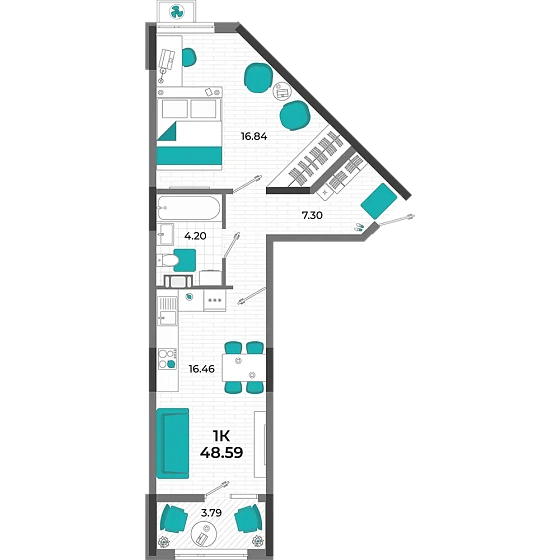 Квартира 1-комн. 48.59 кв. м