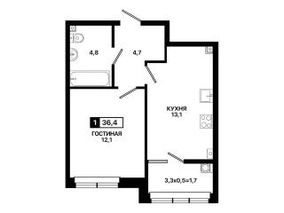 Квартира 1-комн. 36.4 кв. м