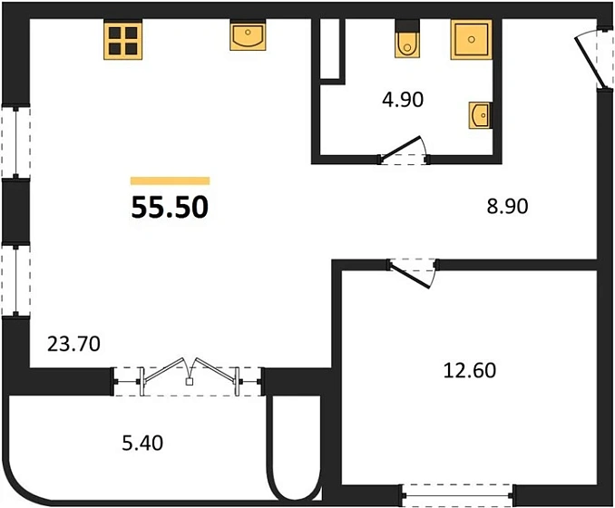 Квартира 1-комн. 55.5 кв. м