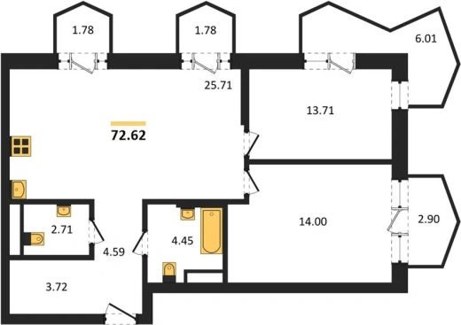 Квартира 2-комн. 72.62 кв. м