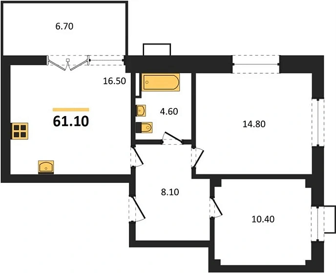 Квартира 2-комн. 61.1 кв. м