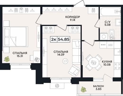 Квартира 2-комн. 54.85 кв. м