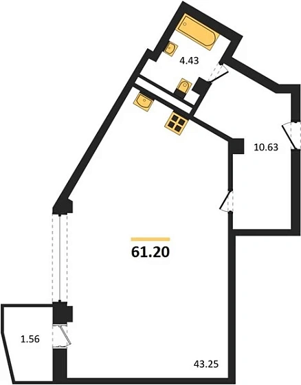 Апартаменты 1-комн. 61.2 кв. м
